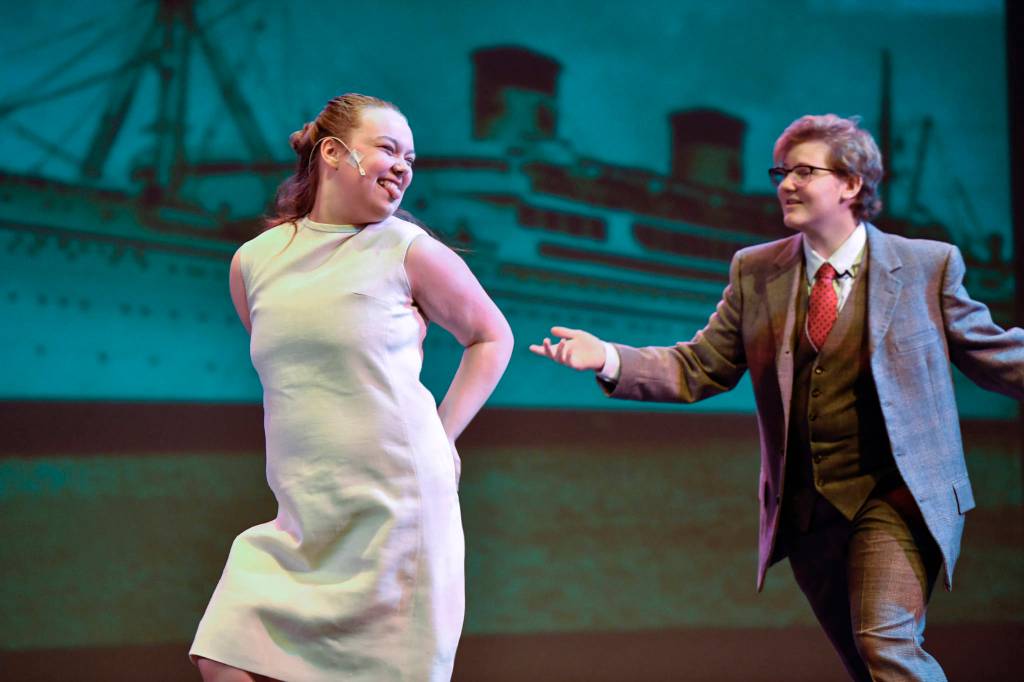 Callum Marks, right, as Frederick Frankenstein, chases after Elizabeth Price, as Elizabeth Benning, during a rehearsal of the Thunder Mountain High School production of Young Frankenstein at TMHS on Thursday, April 18, 2019. (Michael Penn | Juneau Empire)