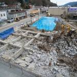 The foundation of the former Juneau Cold Storage is broken down on Monday, April 15, 2019, as work starts on Phase 1 of the Archipelago Lot Project on South Franklin. The phase includes a three-quarter-acre deck over out to the Seawalk to be built this summer at a cost of $19 million, with funding coming from the Dock Fund, Port Development Fees, Commercial Passenger Vessel Excise Tax, and Marine Passenger Fees. (Michael Penn | Juneau Empire)
