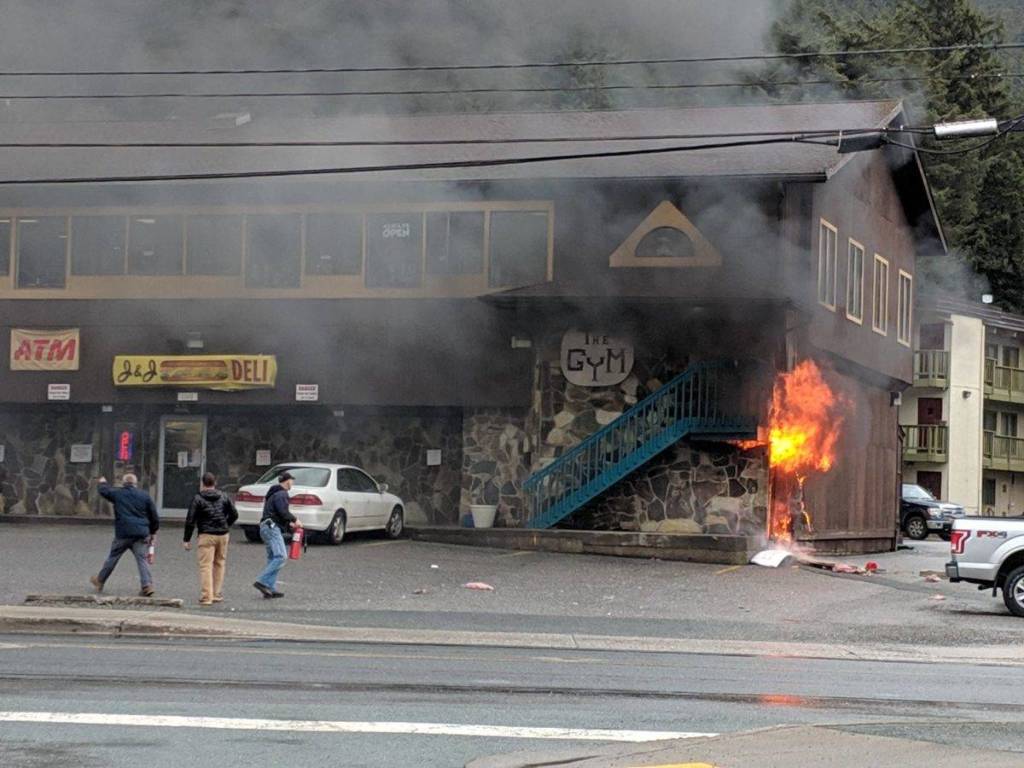 The building that houses The Gym, J&J Deli and more was the site of fire Monday, April 22, 2019. No one was harmed in the fire. Before Capital City Fire/Rescue arrived Alaska Electric Light & Power workers used fire extinguishers to help control the fire. (Ben Hohenstatt | Juneau Empire)