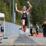 Juneau-Douglas High School freshman Trinity Jackson competes in the long jump on during the Ketchikan Invitational at Esther Shea Field in Ketchikan on Saturday, April 20, 2019. (Dustin Safranek | Ketchikan Daily News)
