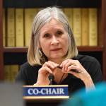 Rep. Andi Story, D-Juneau, listens to Patience Frederiksen, State Librarian and Head of Library Developement, during a hearing for House Bill 75 on increasing school internet speed at a House Education Committee meeting on Monday, April 1, 2019. (Michael Penn | Juneau Empire)