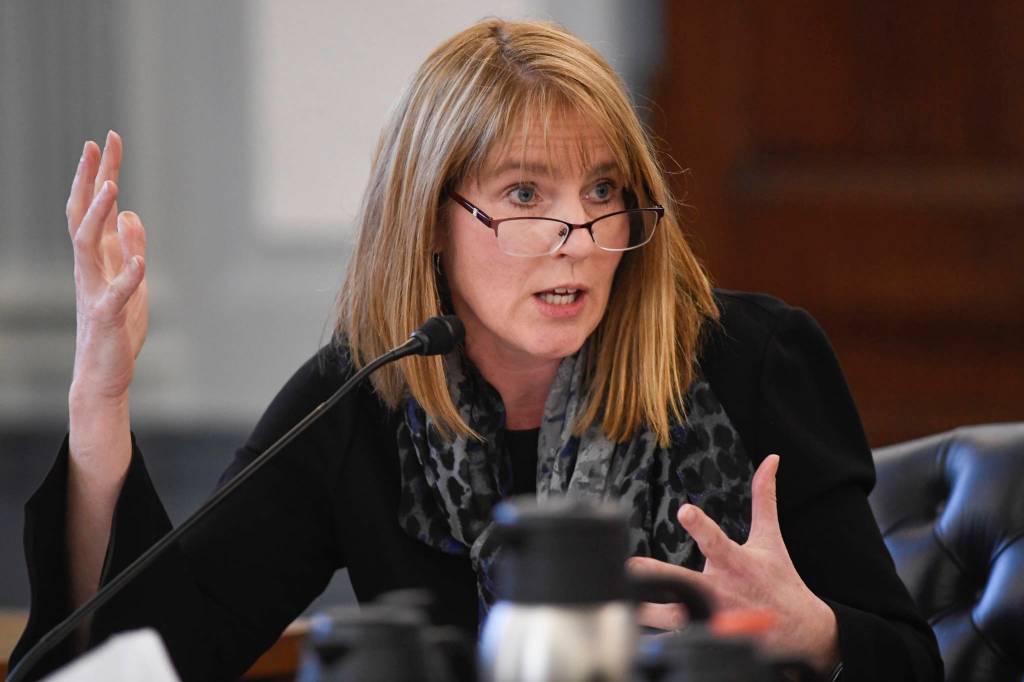 Sen. Natasha Von Imhof, R-Anchorage, pictured here on Feb. 18, 2019, asks why adult preventative care was targeted for elimination, saying she has heard from providers that this service often will bring people into a clinic where they can be asked if they have other medical needs. (Michael Penn | Juneau Empire File)