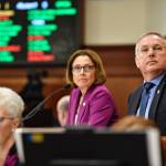 Speaker of the House Bryce Edgmon, D-Dillingham, and Senate President Cathy Giessel, R-Anchorage, watch the votes tally for Amanda Price for commissioner of the Department of Public Safety during confirmation voting during a joint session of the Alaska Legislature at the Capitol on Wednesday, April 17, 2019. (Michael Penn | Juneau Empire)