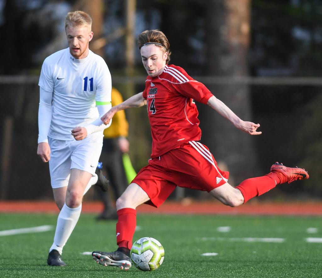 Juneau-Douglas Kanon Geotz shoots against Soldotnas Levi Rosin at Adair-Kennedy Memorial Field on Friday, April 26, 2019. JDHS won 6-0. (Michael Penn | Juneau Empire)