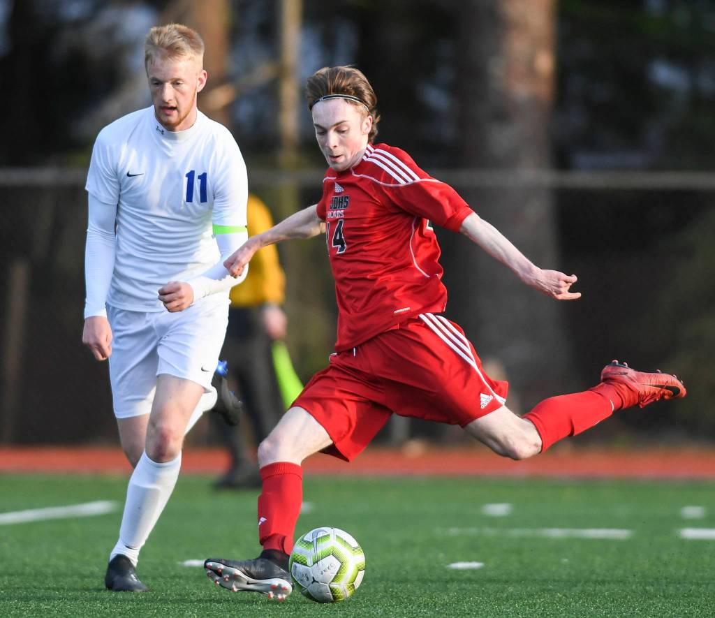 Juneau-Douglas Kanon Geotz shoots against Soldotnas Levi Rosin at Adair-Kennedy Memorial Field on Friday, April 26, 2019. JDHS won 6-0. (Michael Penn | Juneau Empire)