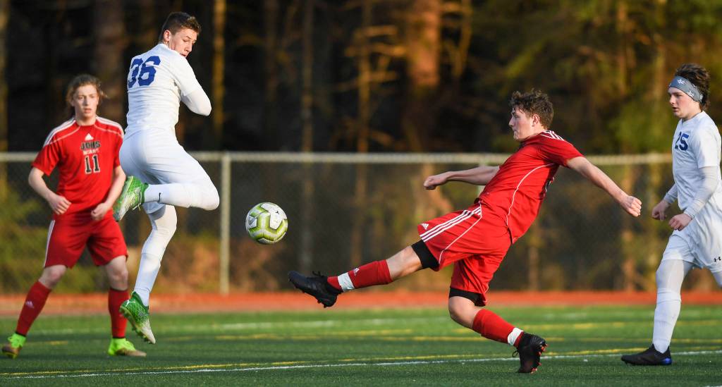 Juneau-Douglas Richard Lehner shoots against Soldotnas Aiden Willets at Adair-Kennedy Memorial Field on Friday, April 26, 2019. JDHS won 6-0. (Michael Penn | Juneau Empire)
