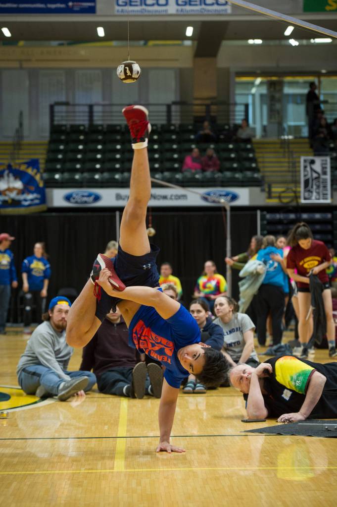 Matthew Quinto competes in the Alaskan high kick at the 2019 NYO Games at the Alaska Airlines Center in Anchorage, Alaska, on Thursday, April 25, 2019. (Michael Dinneen | For the Juneau Empire)