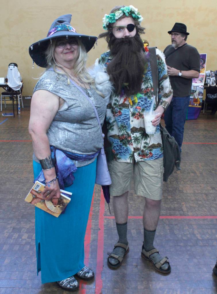 Rachel and Honesty Zahnd, as Taako and Merle from the Adventure Zone podcast, respectively, are pictured at the Alaska Robotics Mini-Con on Saturday, April 27, 2019. (Alex McCarthy | Juneau Empire)
