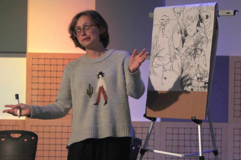 Author Tillie Walden cracks a joke during a presentation at the Alaska Robotics Mini-Con on Saturday, April 27, 2019. (Alex McCarthy | Juneau Empire)