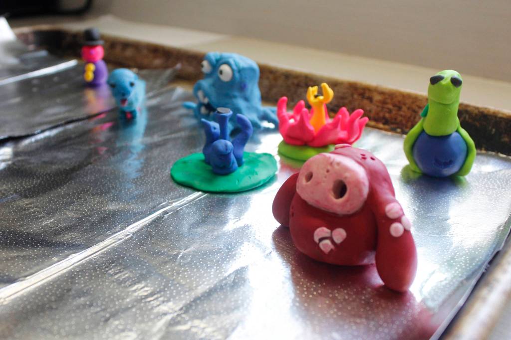 A batch of Sculpey Monsters awaits the oven at the Alaska Robotics Mini-Con on Saturday, April 27, 2019. (Alex McCarthy | Juneau Empire)