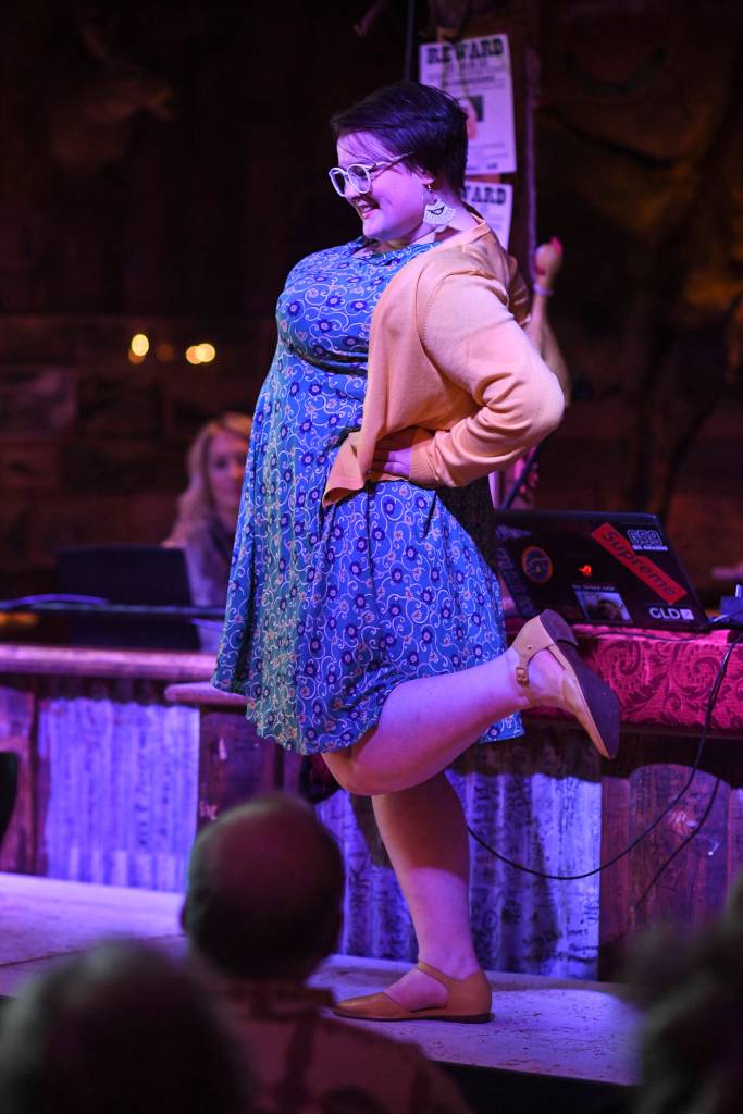 Womens clothing and shoes from Shoefly is modeled on stage during the Juneau Rotaracts Wild West Roundup Fashion Show at the Red Dog Saloon on Saturday, April 27, 2019. (Michael Penn | Juneau Empire)
