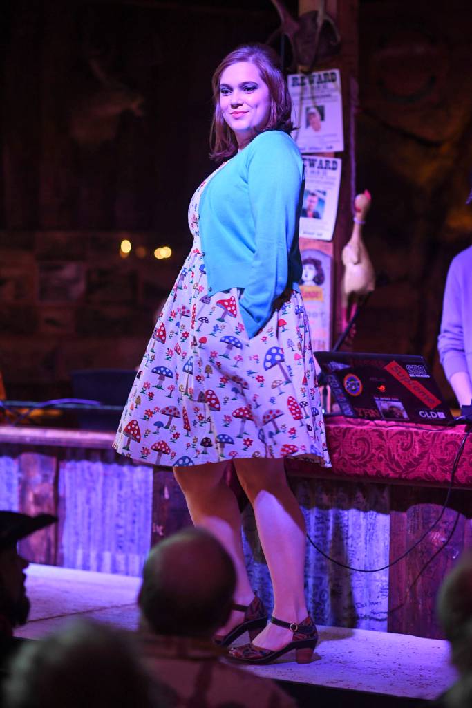 Womens clothing and shoes from Shoefly is modeled on stage during the Juneau Rotaracts Wild West Roundup Fashion Show at the Red Dog Saloon on Saturday, April 27, 2019. (Michael Penn | Juneau Empire)