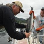 In this Aug. 16, 2015 photo, Craig Kahklen hands a silver salmon scholarship fish to Rosco Palmer at Don D. Statter Memorial Boat Harbor in Auke Bay on the final day of the Golden North Salmon Derby. (Michael Penn | Juneau Empire File)