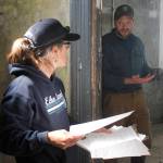 Eldred Rock Lighthouse Preservation Association Executive Director Sue York and Marine Exchange of Alaskas board representative Jonathan Wood share ideas at the Eldred Rock Lighthouse on Monday, April 29, 2019. (Alex McCarthy | Juneau Empire)