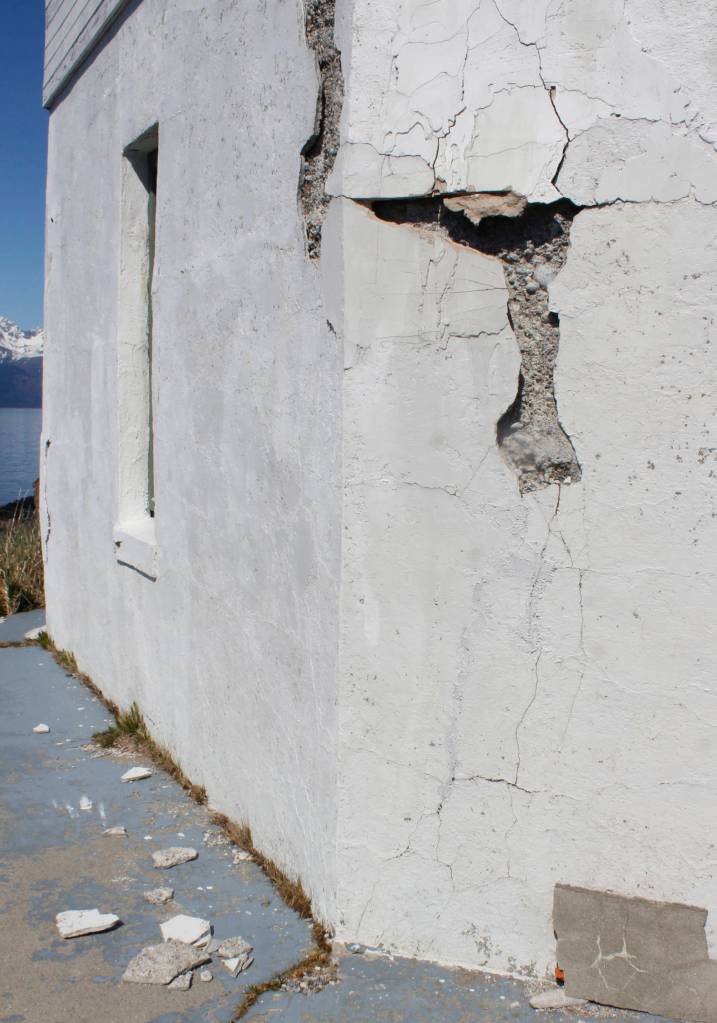 Cracks and broken concrete are pictured at Eldred Rock Lighthouse on Monday, April 29, 2019. (Alex McCarthy | Juneau Empire)