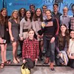 Kikkan Randall poses with her gold medal and the Juneau Nordic Ski Team following her talk at the 27th annual Pillars of America Speaker Series at Centennial Hall on Wednesday, May 1, 2019. (Courtesy Photo | Heather Holt)
