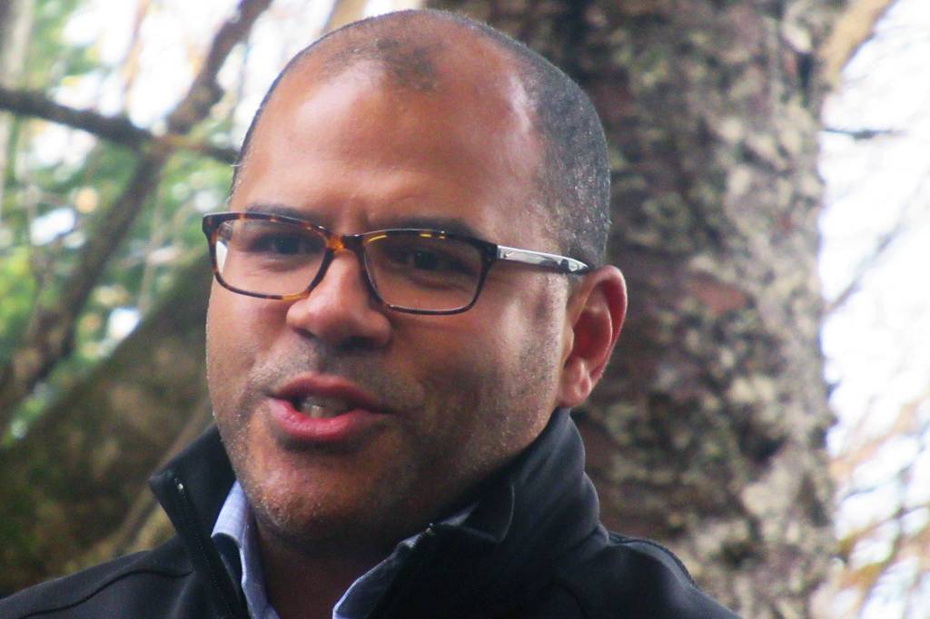 Huna Totem Corporation CEO Russell Dick talks during a ground breaking and blessing ceremony at the site of the new dock at Icy Strait Point, May 1, 2019. Huna Totem owns the tourist destination near the village of Hoonah. (Ben Hohenstatt | Juneau Empire)