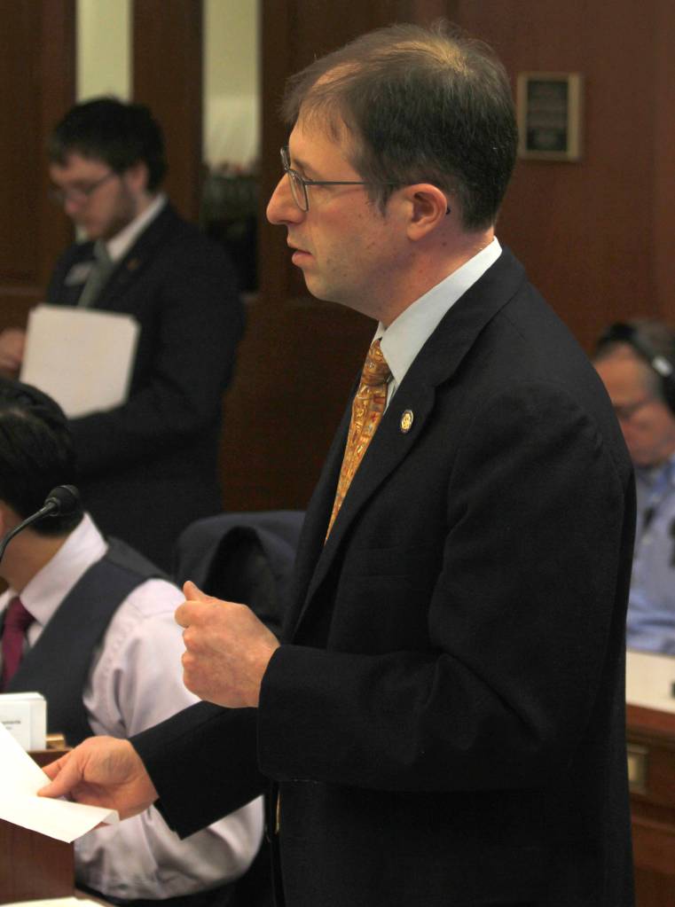Sen. Jesse Kiehl, D-Juneau, speaks in support of an amendment on the Senate floor at the Alaska State Capitol on Wednesday, May 1, 2019. (Alex McCarthy | Juneau Empire)