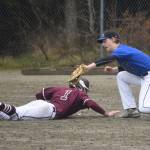 Thunder Mountain High School senior Logan Lesmann tags Ketchikans Gavin Salavar in the top of the seventh inning of a Southeast Conference baseball game on Friday, May 3, 2019. (Nolin Ainsworth | Juneau Empire)