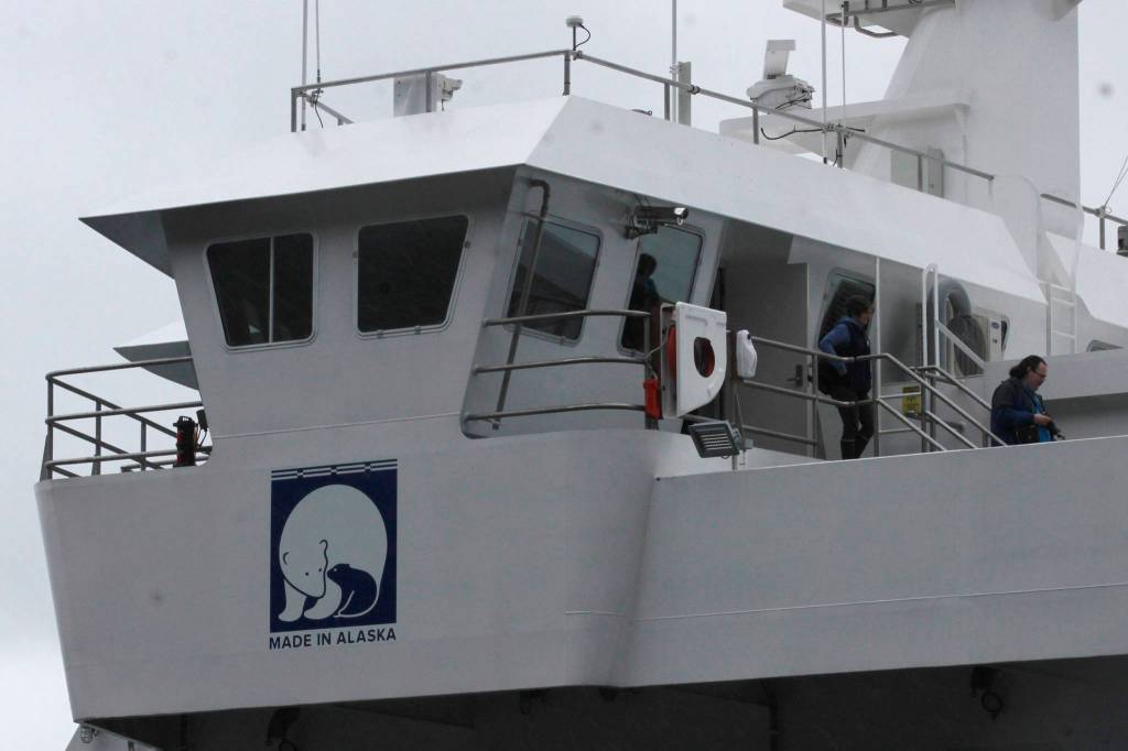 A Made in Alaska sticker is pictured on the side of the new ferry Tazlina, which was all constructed in Alaska, on Sunday, May 5, 2019. (Alex McCarthy | Juneau Empire)