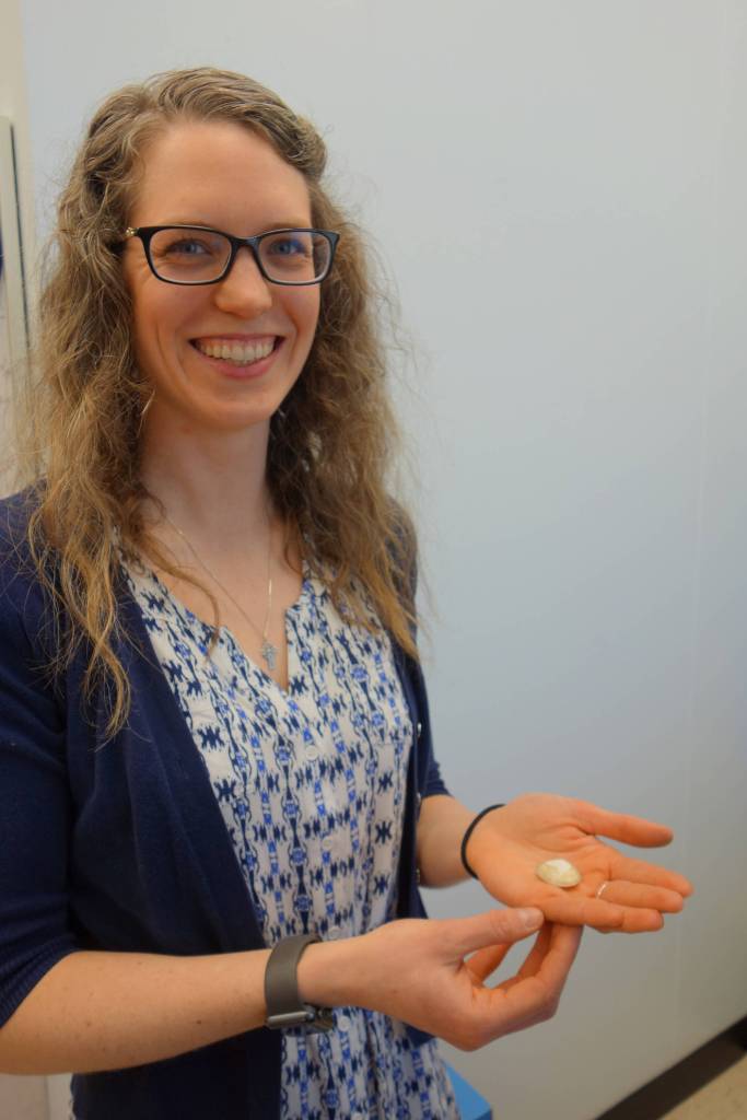 University of Alaska Fairbanks graduate student Brittany Jones displays the shell of a clam from the seafloor off western Alaska. (Courtesy Photo | Ned Rozell)