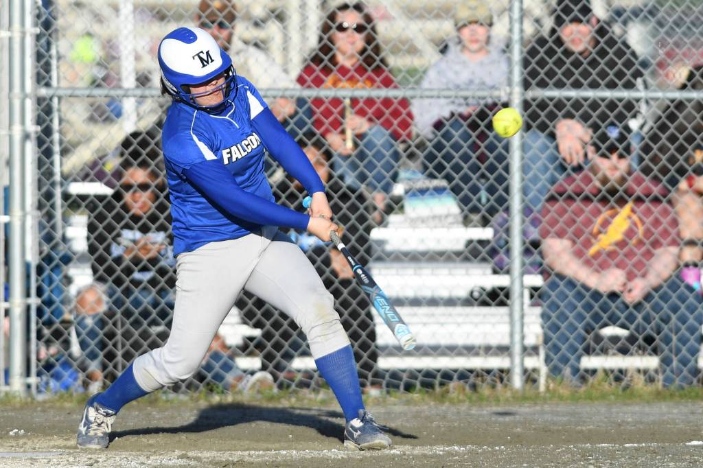 Thunder Mountains Letasi Fenumiai connects against Sitka at Dimond Park on Thursday, May 9, 2019. Sitka won 2-1. (Michael Penn | Juneau Empire)