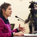 Carmen Lowry, Executive Director at Alaska Network on Domestic Violence and Sexual Assault, speaks to the Senate Judiciary Committee about SB 12, a crime bill, at the Capitol on Monday, March 4, 2019. (Michael Penn | Juneau Empire)