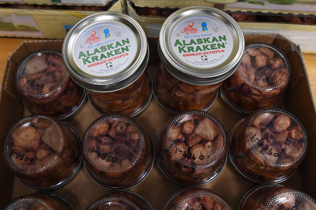 Jars of Riks Blue Ribbon Alaskan Kraken Smoked Octopus on Friday, April 26, 2019. (Michael Penn | Juneau Empire)