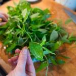 Erin Anais Heist prepares twisted stalk salad to go with crab cakes on Friday, May 10, 2019. (Michael Penn | Juneau Empire)