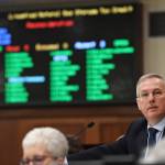 Speaker of the House Bryce Edgmon, D-Dillingham, watches votes being tallied as the legislature rushes to finish at the Capitol on Tuesday, May 14, 2019. (Michael Penn | Juneau Empire)