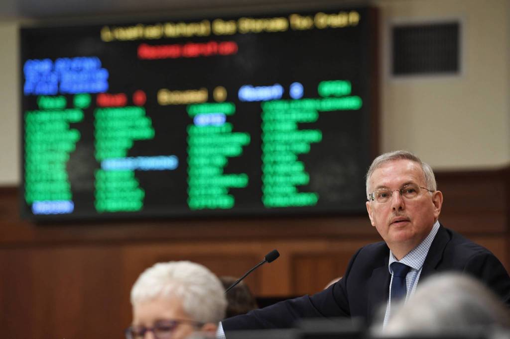 Speaker of the House Bryce Edgmon, D-Dillingham, watches votes being tallied as the legislature rushes to finish at the Capitol on Tuesday, May 14, 2019. (Michael Penn | Juneau Empire)