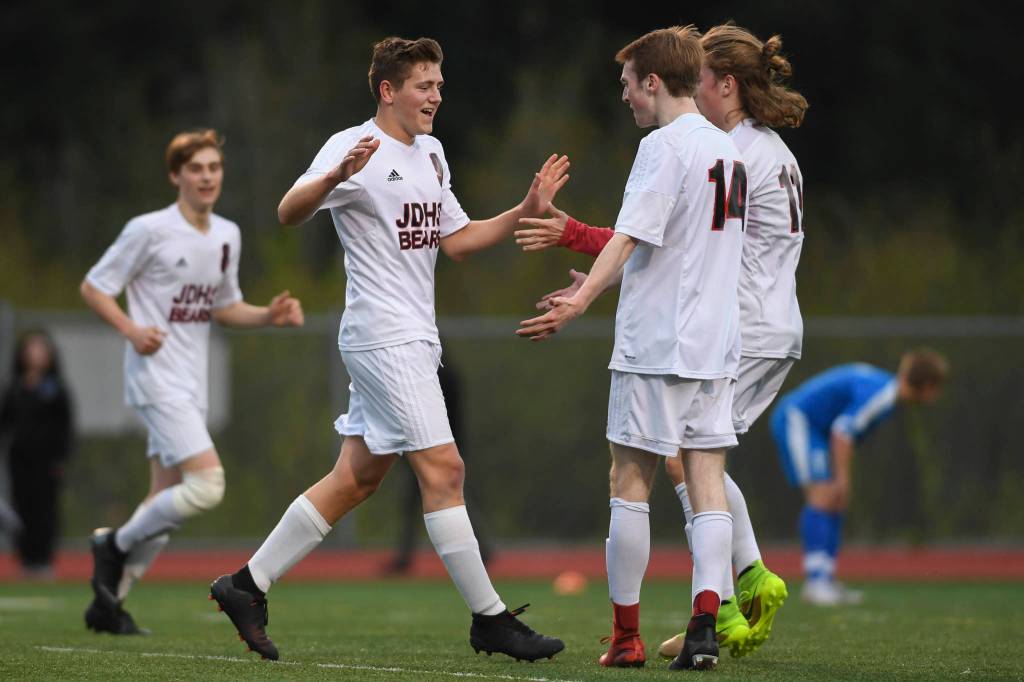 Juneau-Douglas Richard Lehner celebrates his goal against Thunder Mountain at TMHS on Tuesday, May 14, 2019. JDHS won 5-1. (Michael Penn | Juneau Empire)