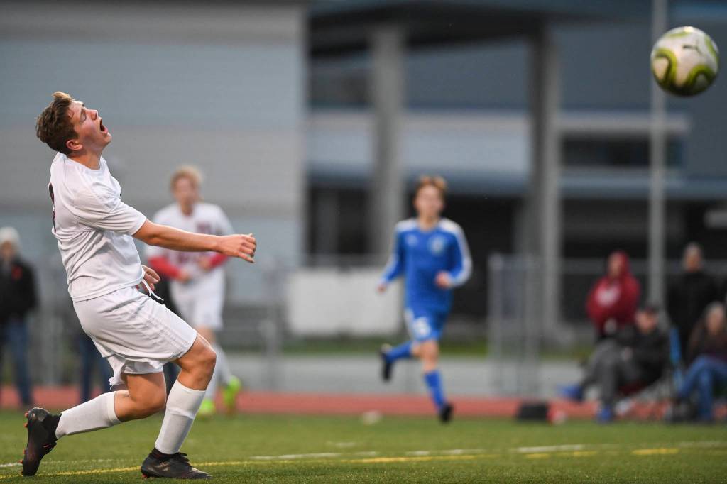 Juneau-Douglas Richard Lehner reacts to missing a cross in front of the net against Thunder Mountain at TMHS on Tuesday, May 14, 2019. JDHS won 5-1. (Michael Penn | Juneau Empire)