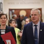 Rep. Ivy Spohnholz, D-Anchorage, walks with Speaker of the House Bryce Edgmon, I-Dillingham, as the House takes an at ease to wait for the conference committee on the crime bill to take place at the Capitol on Thursday, May 16, 2019. (Michael Penn | Juneau Empire)