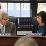Rep. Matt Claman, D-Anchorage, and Sen. Shelley Hughes, R-Palmer, serve as the co-chairs of the Conference Committee on House Bill 49 on Thursday, May 16, 2019. (Alex McCarthy | Juneau Empire)