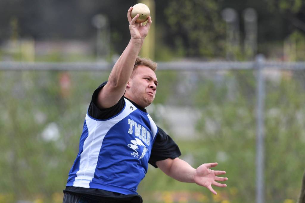 Thunder Mountains Puna Toutaiolepo wins the boys shot put in the large school category with a throw of 45 7.75 at the Region V Track and Field Championships at Thunder Mountain High School on Friday, May 17, 2019. (Michael Penn | Juneau Empire)
