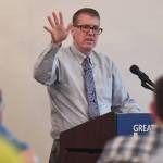 CBJ City Manager Rorie Watt speaks to the Juneau Chamber of Commerce during its weekly luncheon at the Moose Lodge on Thursday, May 23, 2019. (Michael Penn | Juneau Empire)