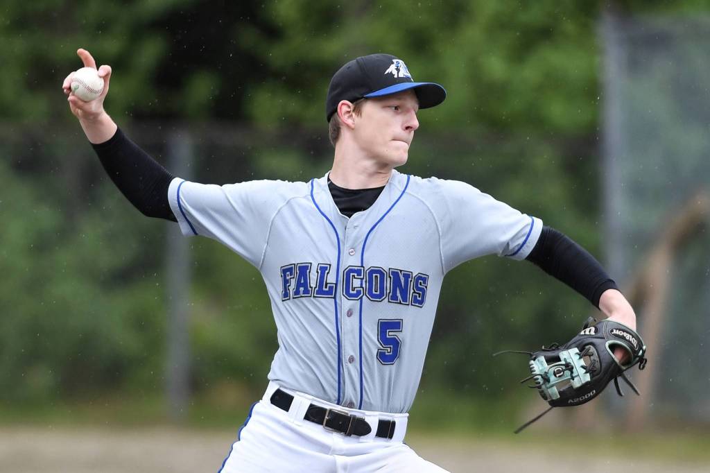 Thunder Mountains Logan Lesmann pitches against Petersburg during the Region V Baseball Championship at Adair-Kennedy Memorial Park on Thursday, May 23, 2019. (Michael Penn | Juneau Empire)