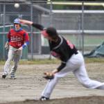 Sitkas base runner Brayden Massey-Jones watches from third base as Juneau-Douglas Garrett Bryant pitches in the first inning during the Region V Baseball Championship at Adair-Kennedy Memorial Park on Thursday, May 23, 2019. (Michael Penn | Juneau Empire)