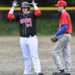 Juneau-Douglas Christian Ludeman celebrates a standup double against Sitka during the Region V Baseball Championship at Adair-Kennedy Memorial Park on Thursday, May 23, 2019. JDHS won 6-5. (Michael Penn | Juneau Empire)