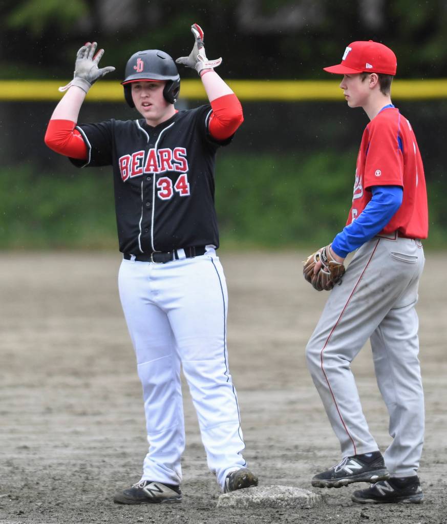Juneau-Douglas Christian Ludeman celebrates a standup double against Sitka during the Region V Baseball Championship at Adair-Kennedy Memorial Park on Thursday, May 23, 2019. JDHS won 6-5. (Michael Penn | Juneau Empire)