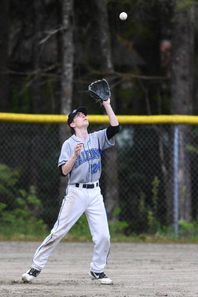 Thunder Mountains Josh Carte catches a flyball against Petersburg during the Region V Baseball Championship at Adair-Kennedy Memorial Park on Thursday, May 23, 2019. Petersburg won 4-1. (Michael Penn | Juneau Empire)