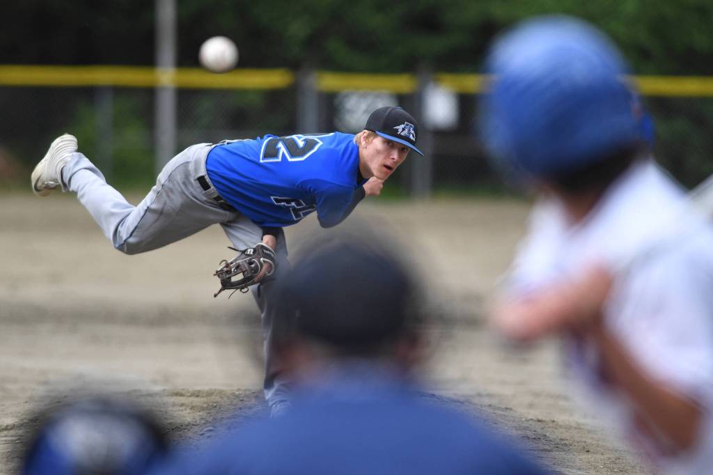 Thunder Mountains Stone Morgan pitches against Sitkas Eman Barragan during the Region V Baseball Championship at Adair-Kennedy Memorial Park on Friday, May 24, 2019. TMHS lost 1-7. (Michael Penn | Juneau Empire)