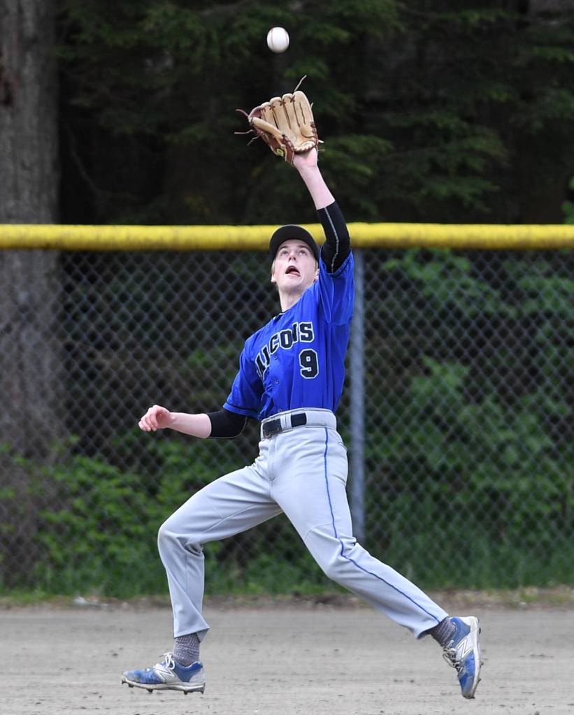 Thunder Mountains Cameron Eppers catches a fly ball against Sitka during the Region V Baseball Championship at Adair-Kennedy Memorial Park on Friday, May 24, 2019. (Michael Penn | Juneau Empire)