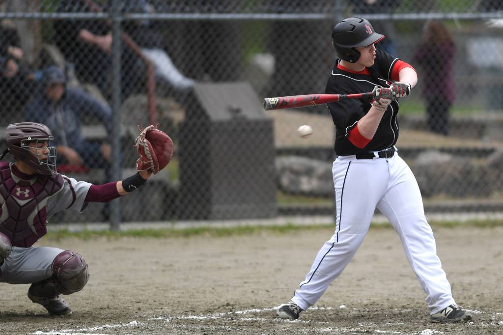 Juneau-Douglas Christian Ludeman is hit by a pitch against Ketchikan during the Region V Baseball Championship at Adair-Kennedy Memorial Park on Friday, May 24, 2019. (Michael Penn | Juneau Empire)