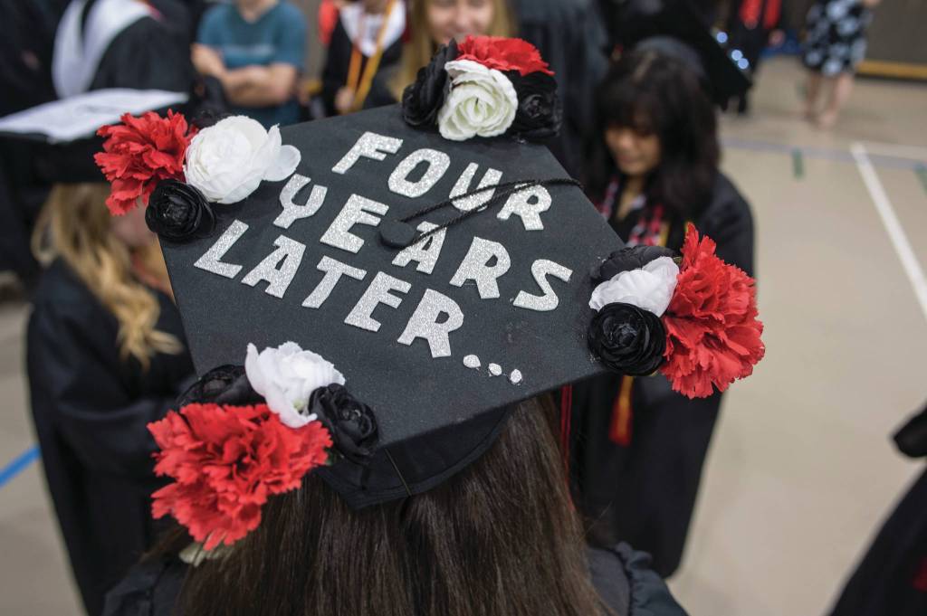 Nicole Woodland with her decoration hat ready for Juneau-Douglas High School: Yadaa.at Kalé graduation.