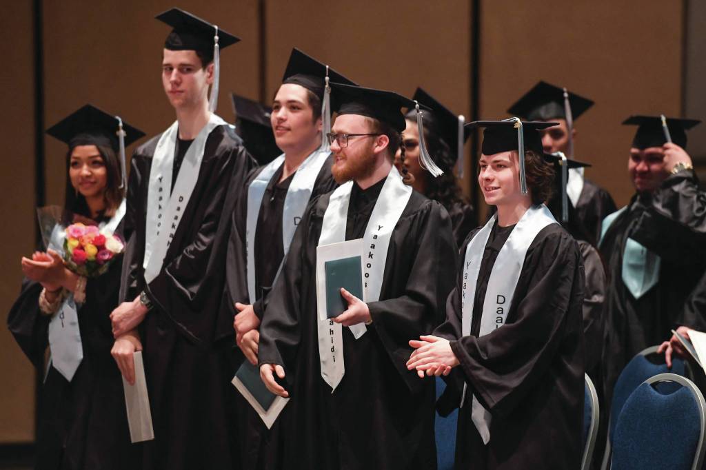 Yaakoosgé Daakahidi High School students at their graduation ceremony at Centennial Hall on Sunday.