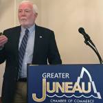 University of Alaska Southeast Chancellor Rick Caulfield speaks at the Juneau Chamber of Commerce luncheon at the Moose Lodge on Thursday, May 30, 2019. (Alex McCarthy | Juneau Empire)