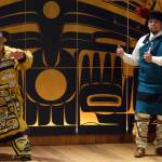Dean George and Elijah Marks dance while wearing Chilkat Leggings, Friday, May 31, 2019. One pair of leggings was made by weavers Anastasia Shaawaat Ku Gei Hobson-George and Lily Hope and the other pair was made by Hopes late mother, Clarissa Rizal, and Rizals mentor Jennie Thlunaut. (Ben Hohenstatt | Juneau Empire)