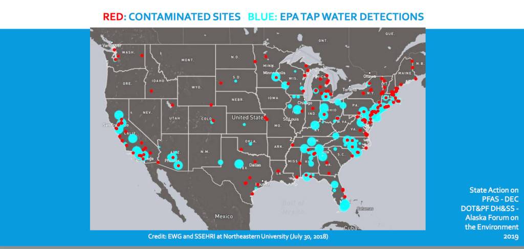 This image from a packet from a February 2019 public meeting with the Alaska Department of Environmental Conservation, Department of Transportation and Public Facilities and Department of Health and Social Services in Dillingham shows locations around the country that have been contaminated by a group of chemicals associated with firefighting foam.
